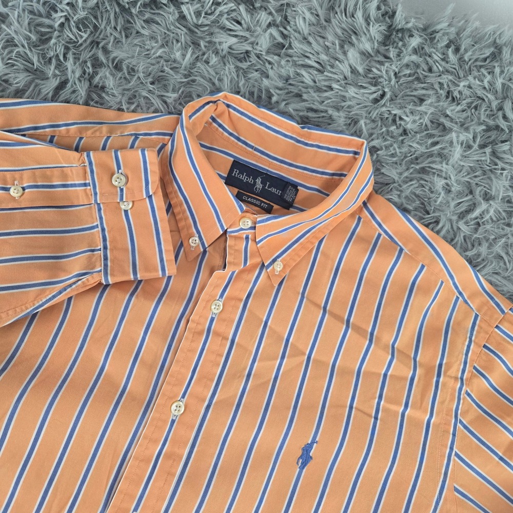 Ralph Lauren Mens 17 36/37 Orange Blue Striped Classic Fit Button Down Shirt